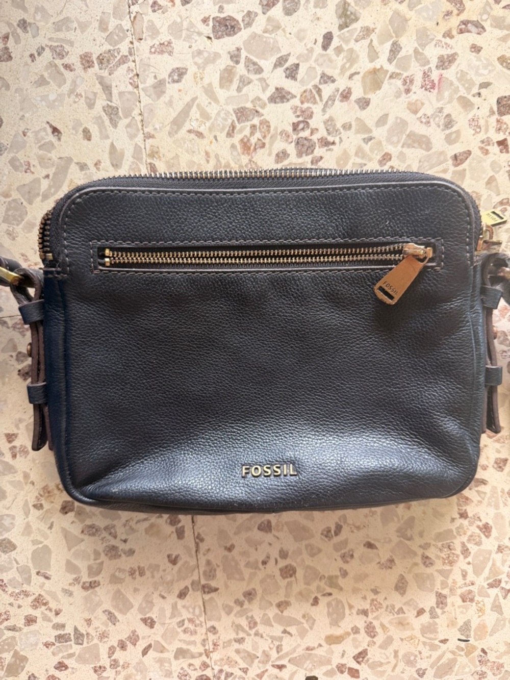 Fossil Black Pebbled Leather Crossbody with Gold Hardware
